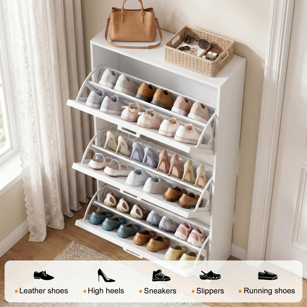 White Shoe Cabinet Storage with 3 Flip Drawers