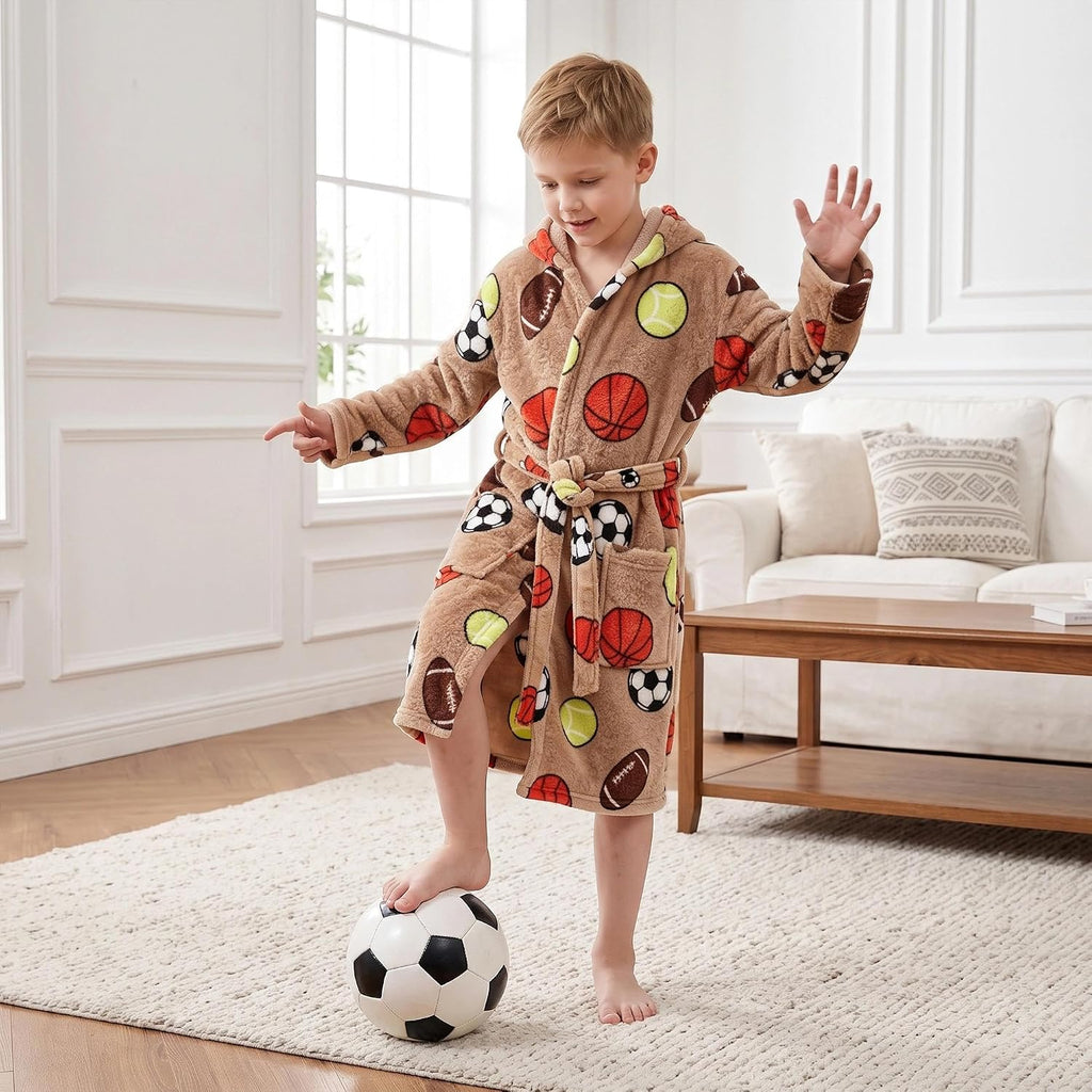 Boys Fleece Hooded Robe, Soft Print Bathrobe Kids 5-14(Ball Games5-6)