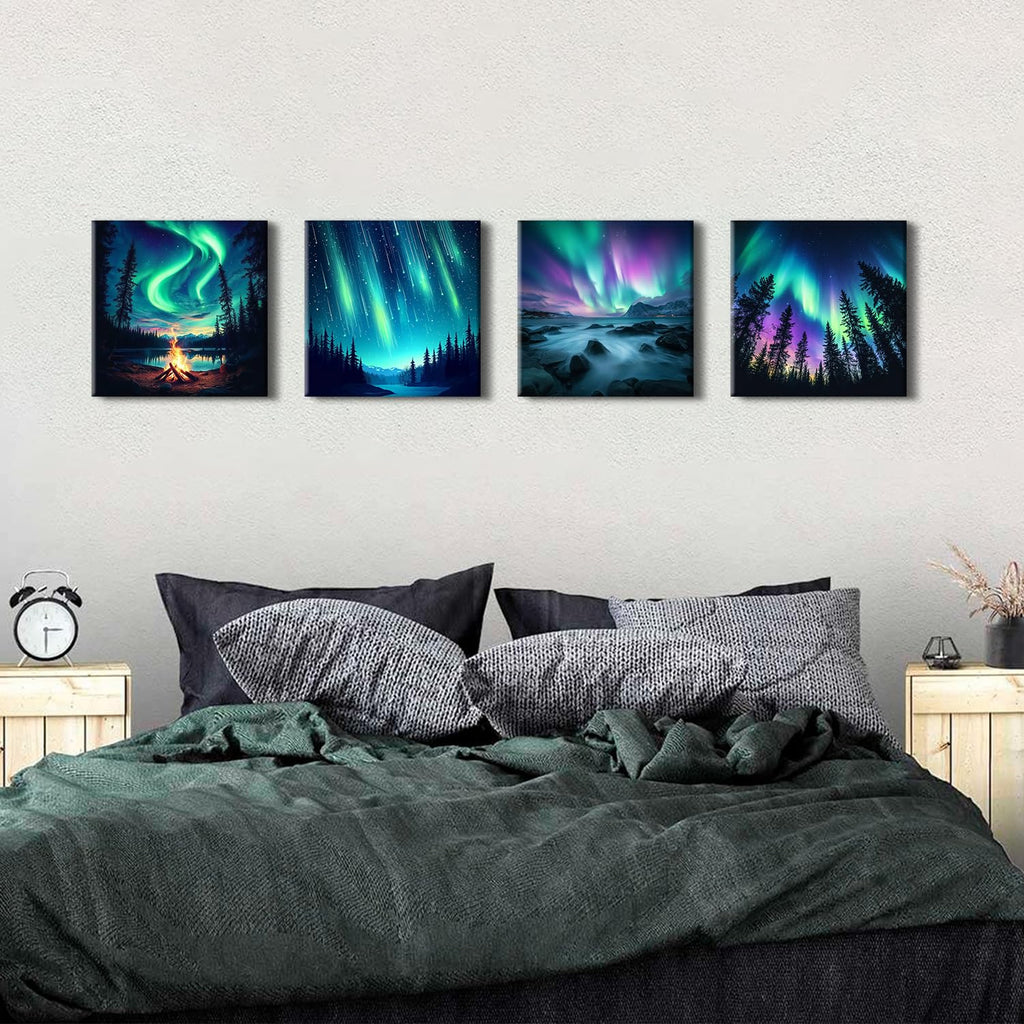 Northern Lights Wall Art Aurora Mountain Scenery Pictures Wall Decor Colorful Forest Landscape Canvas Prints