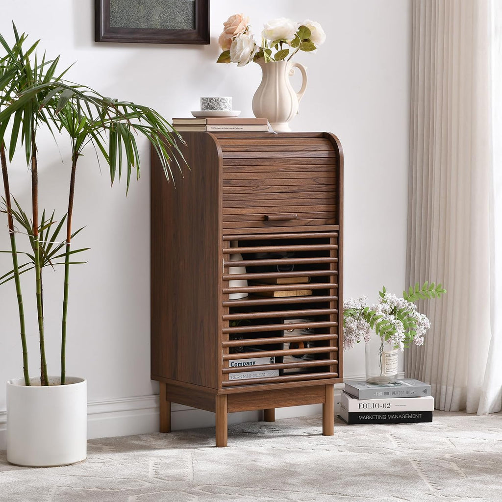 Modern Single-Door Accent Cabinet with Curved Roll-Top and Slatted Door Design, Tall Narrow Storage Cabinet , or Home
