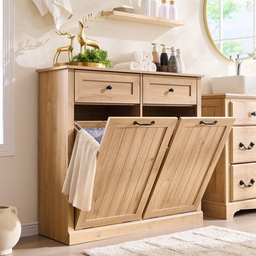 Double Tilt Out Laundry Hamper Cabinet, Trash Cabinet, Natural