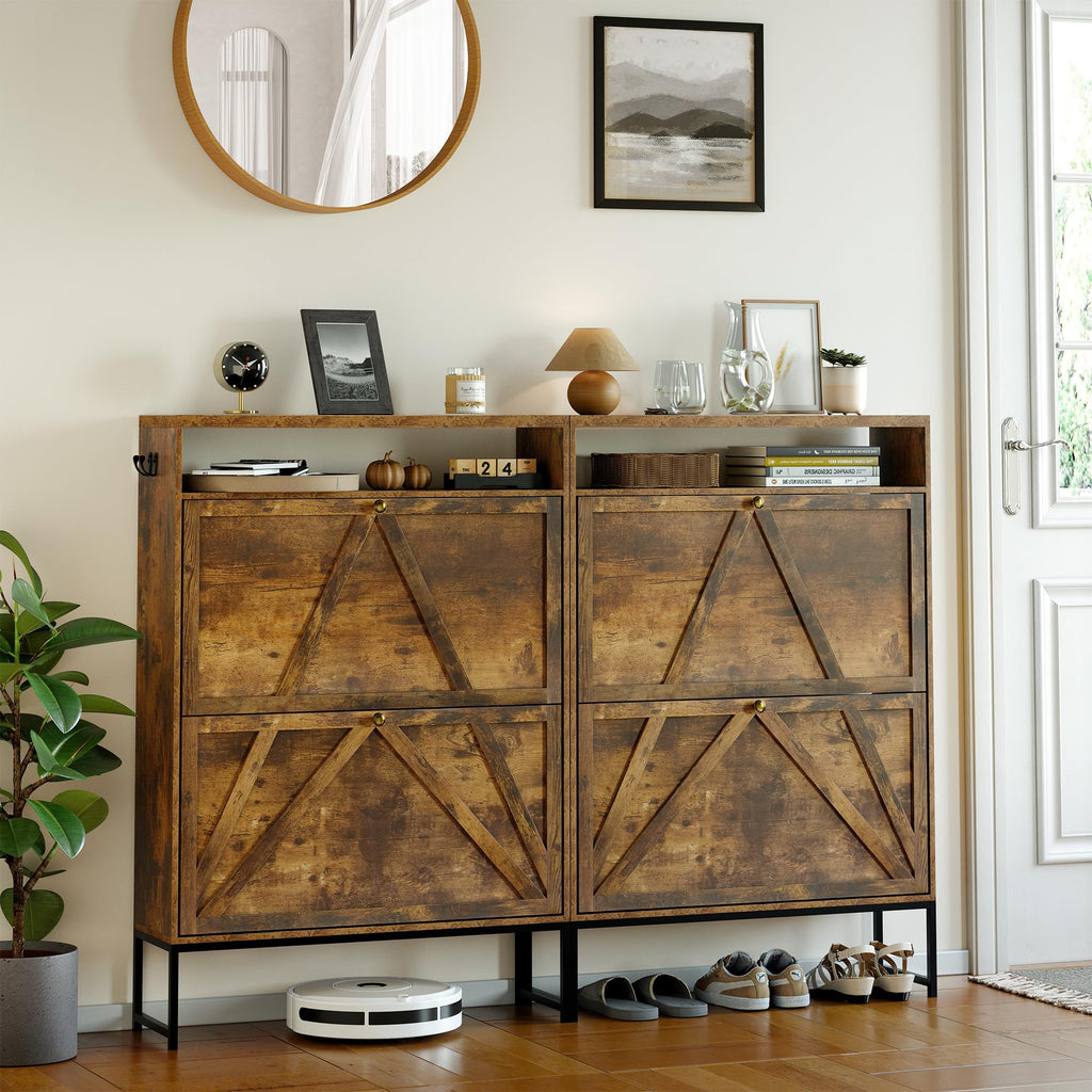 Shoe Storage Cabinet with 2 Flip Drawers, Modern Hidden Shoe Storage Organizer, Narrow Wooden Freestanding Shoe Rack