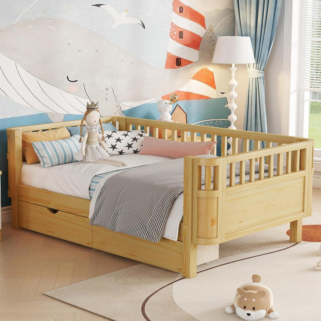 Twin Size Wood Floor Bed, Montessori Platform Daybed Frame with Safety Rails & Low Profile, Space Saving U-Shaped