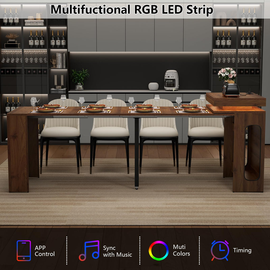 Dining Table with Charging Station, Convertible Folding Console Table for 6-8 People, Space-Saving Dining Table with