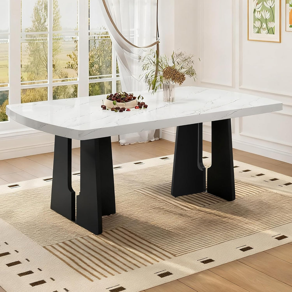 63" Faux Marble Dining Table for 6-8, Rectangular Kitchen Table with Unique Base, MDF Marble Look Top with Rubber
