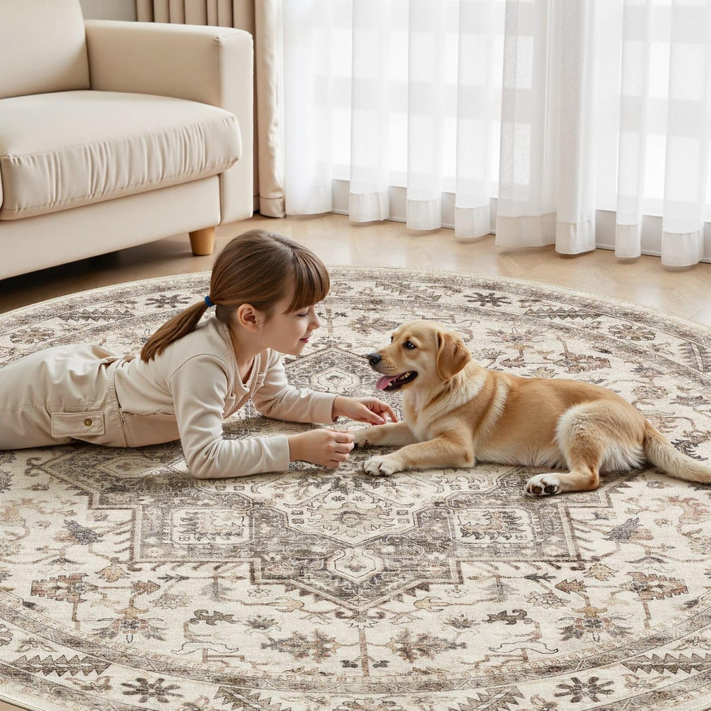 8ft Round Vintage Living Room Area Rug - 8x8 Large Soft Washable Oriental Traditional Distressed Far