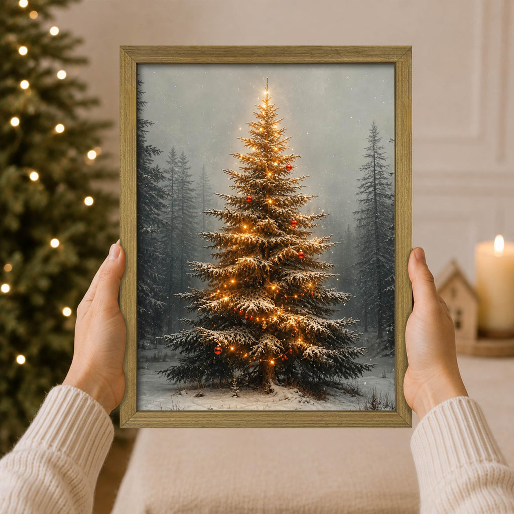 Vintage Christmas Tree Wall Art, Lighted Christmas Tree Canvas Prints, Pine Botanical Aesthetic Picture Poster