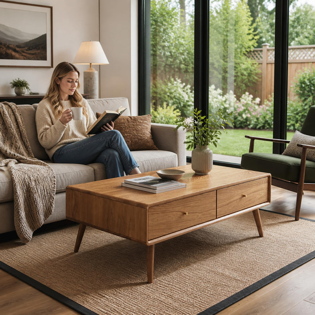 Fully-Assembled 100% Oak Wood Coffee Table with Storage