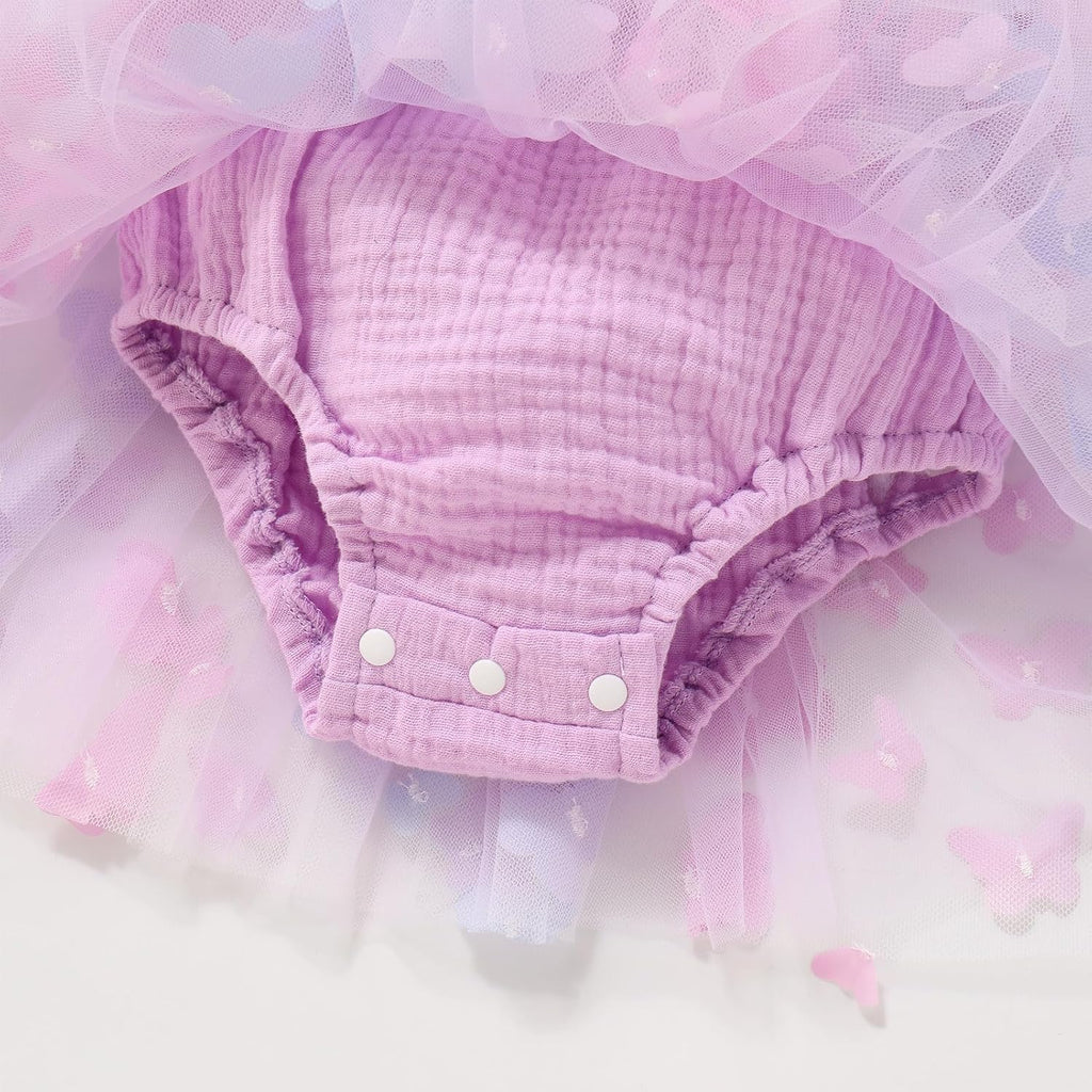 Baby Girls First Birthday Outfit Sqaure Neck Ruffle Fly Sleeve Tulle Tutu Romper Dress with Bowknot Headband
