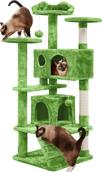54in Cat Tree Tower, 2 Caves, Kitten-Ear Perch & Scratching Posts