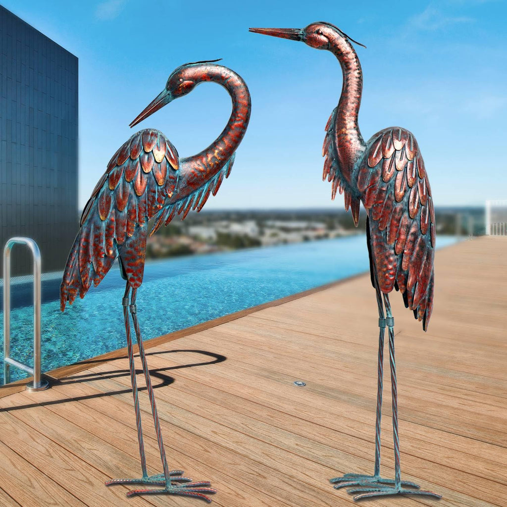 Outdoor Metal Heron Statues, Crane Sculptures for Garden Yard