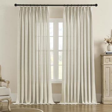 Faux Linen Pinch Pleated Curtain, Extra Long Pinch Pleat Semi Sheer Drapes with Hooks for Traverse Rod, Light