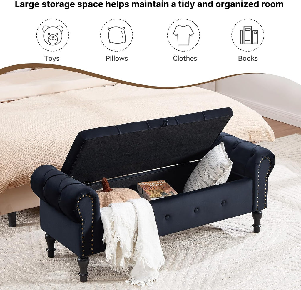 Storage Bench 51" Velvet End of Bed Benches Black | Queen Size Storage Bench with Rolled Arms Tufted Ottoman Benches