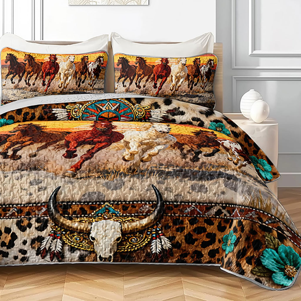 Western Horse Quilted Bedding Set, 3-Piece Running Horses Sunset Theme Bedspread Boho Coverlet, with 2