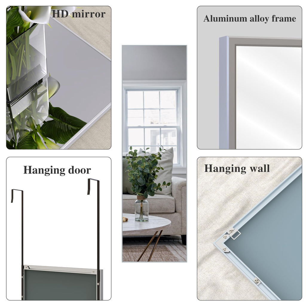 60"x18" Full Length Mirror Over the Door Hang or Wall Mounted, Silver