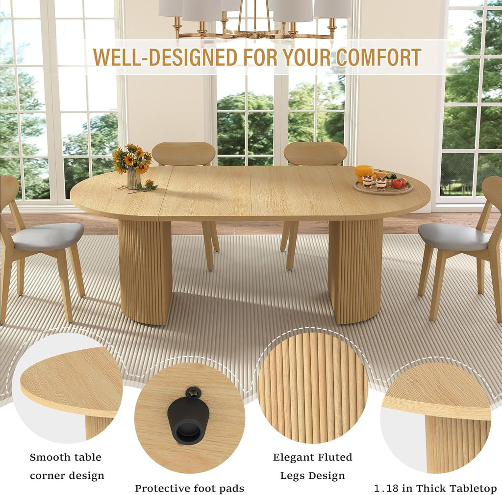 41 in-78 in Extendable Dining Room Table for 4-8, Round Expandable Kitchen Table with Fluted Base, Modern Farmhouse