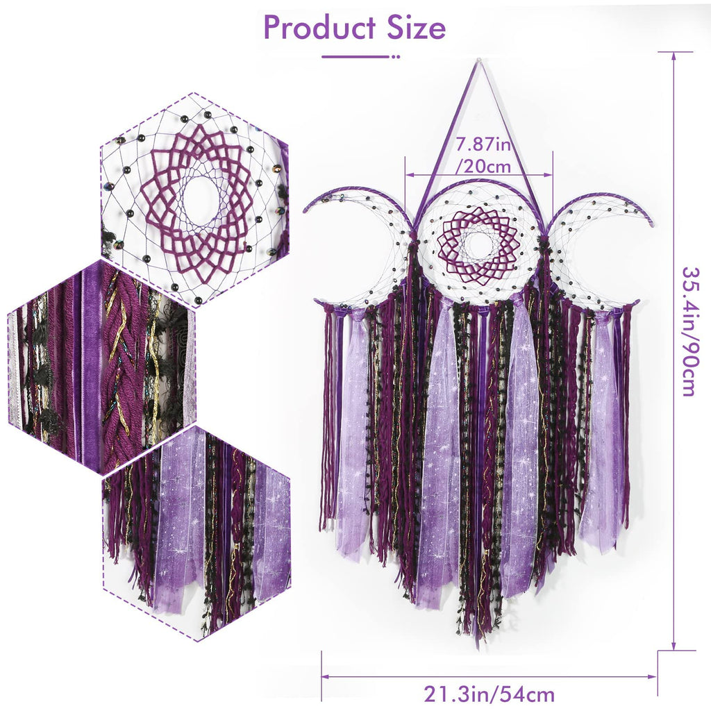 Purple Triple Moon Goddess Dream Catcher Macrame Wall Hanging, Pagan Decor