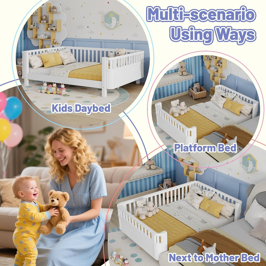 Bed Frame for Kids with Rails, Low Profile Montessori Bed with Detachable Side Rail, Solid Pine Wood Kids