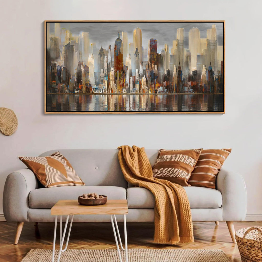 Abstract Modern Canvas Wall Cityscape New York Wall Decor City Theme Paintings Brown Framed Pictures Office Artwork