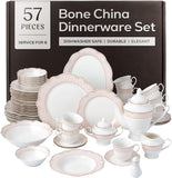 Sandra" 57-Piece Bone China Dinnerware Set, Service for 8, Blush Pink and Gold