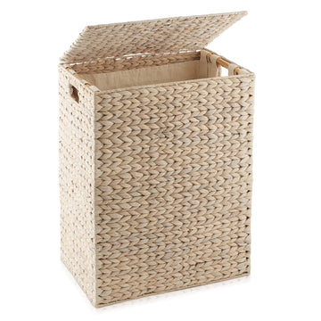 Large Laundry Hamper with Lid and Removable Liner Bag - Whitewash White, Woven Water Hyacinth Rectangular Laundry