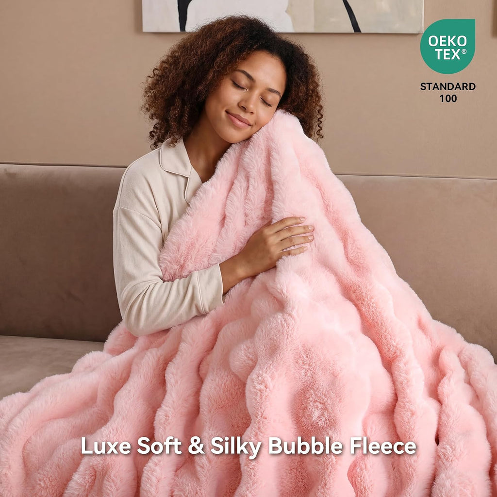 Faux Rabbit Fur Throw for Couch - Blush Pink Bubble Blanket 60"x80" | Fluffy Plush Fuzzy Throw for Sofa & Bed, Super