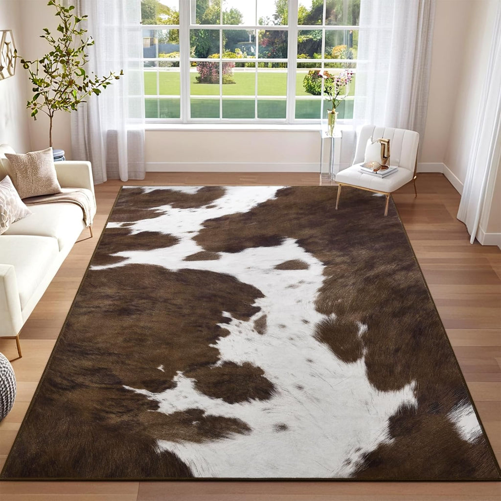 Cow Print Rug - Brown Faux Cowhide Rugs, Washable Soft Non-Slip Stain Resistant Animal Cow Hide Carpet Bedroom