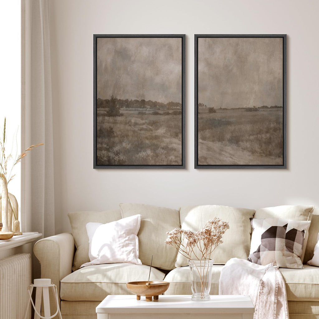 Framed Canvas Print Wall Art Neutral Rustic Countryside Landscape Vintage Field Path and Distant Trees Illustrations