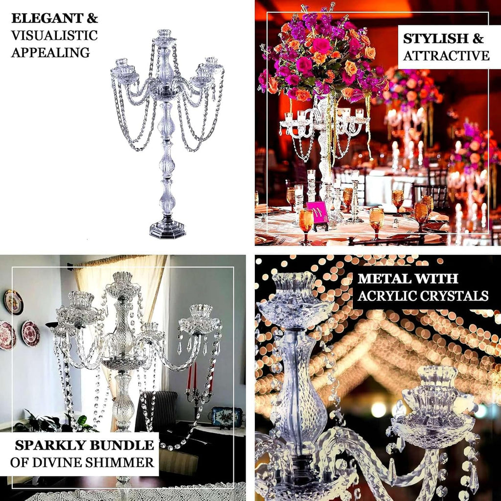 4-Arm Crystal Chandelier Candelabra 35" Silver - Metal Taper Candlestick Holder Table Centerpiece for Events