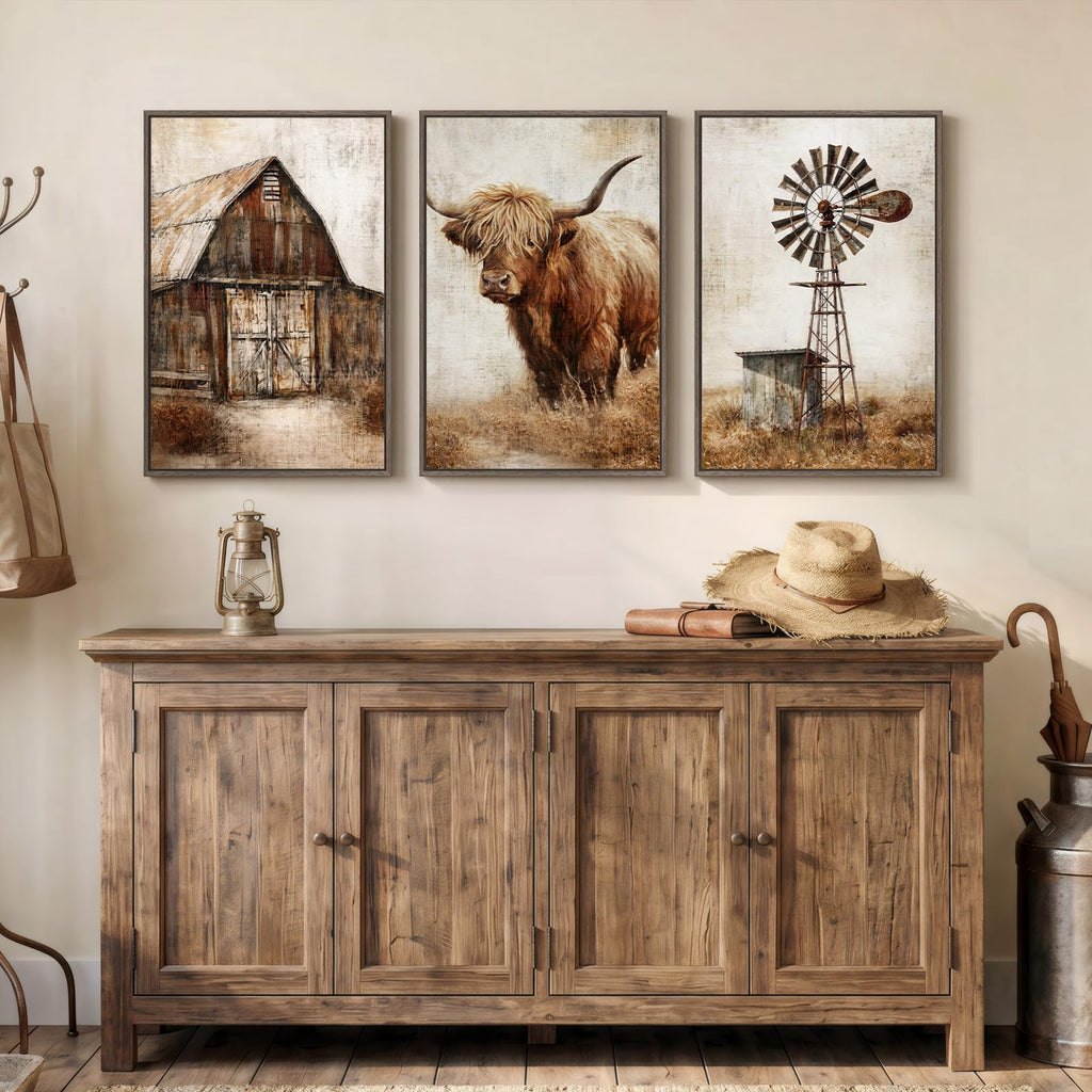 Framed Farmhouse Highland Cow Wall Art, Set of 3 20x30 In
