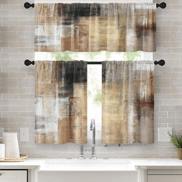 Brown Kitchen Window Curtains Valance and Tier Set 36 Inch, Grey Beige Modern Rod Pocket Short Tier Curtain, Abstract