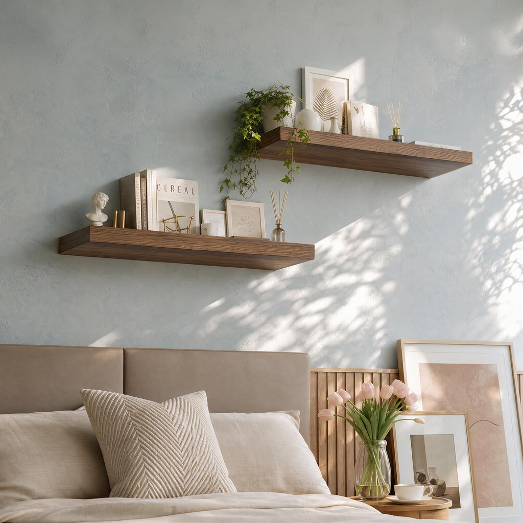 Floating Shelves for Wall 10 Inch Deep, 32 Inch Width Wall Mounted Storage and Display Set of 2 (Walnut)