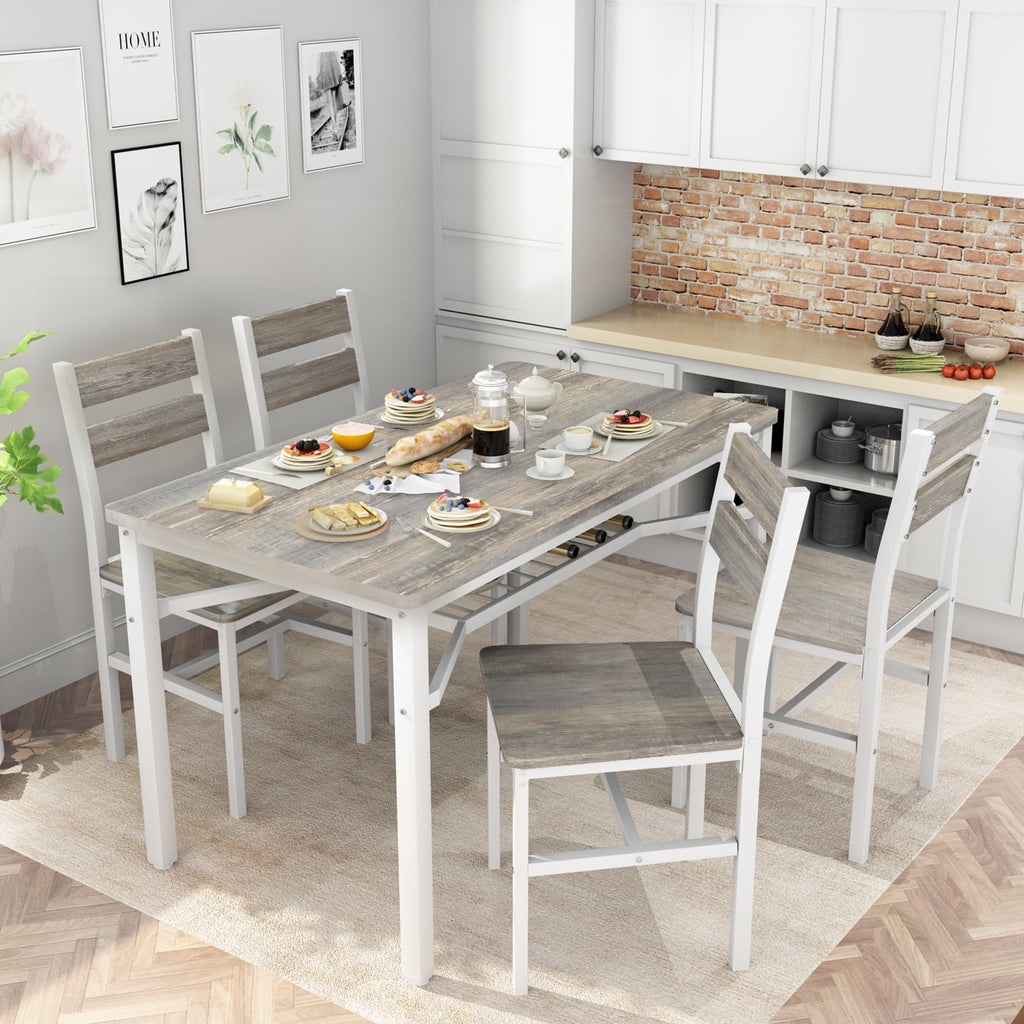 Dining Table Set for 4, Wood Kitchen Table Chairs Set with Storage, Farmhouse 5 Piece Dining Room Table Set