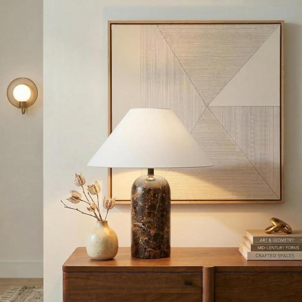 LED Table Lamp - 14” Modern Stone Table Lamp - Decorative Dimmable Desk Lamp - Brown Marble