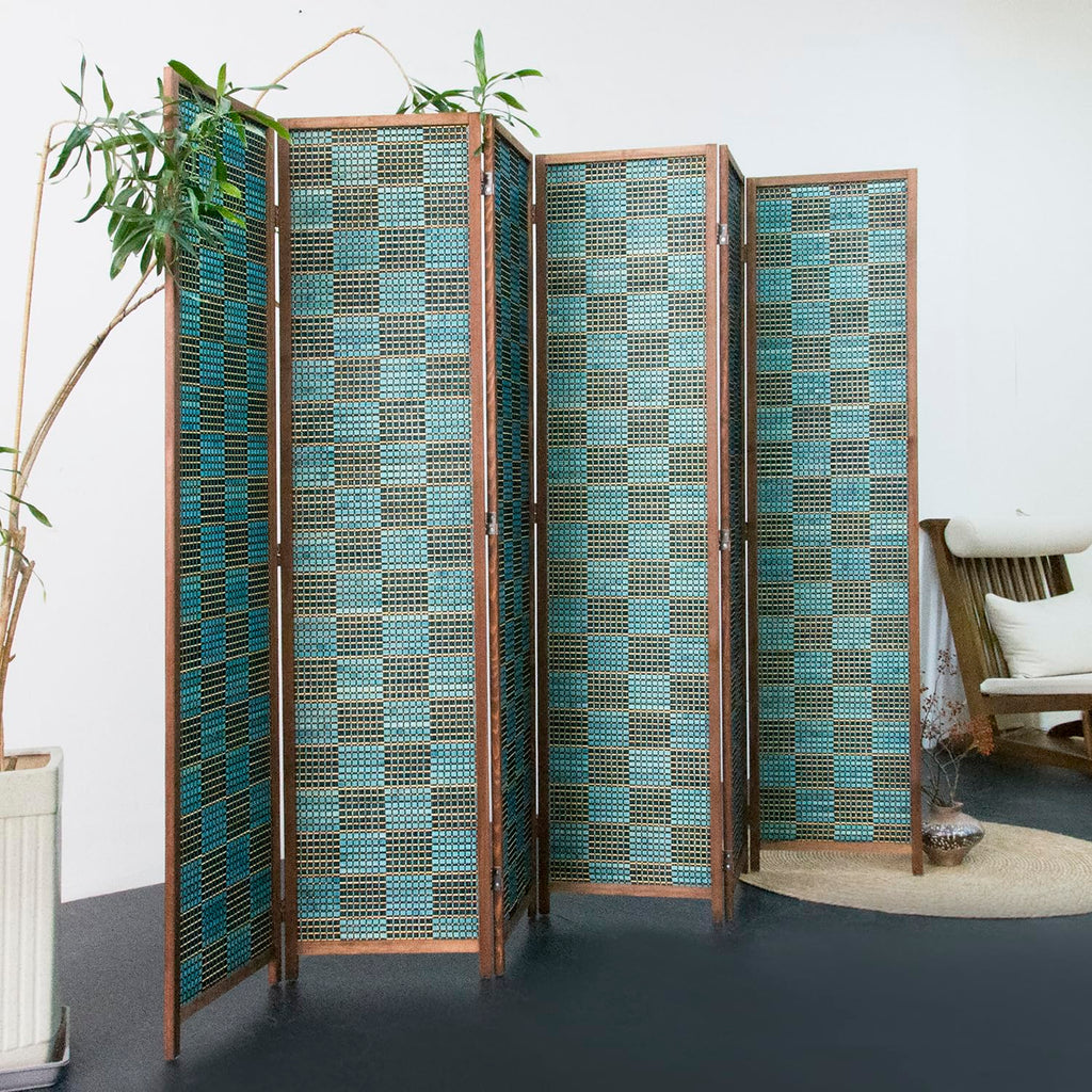 6 Panel Room Divider Screen and Folding Panel Screen, Double Sided Bamboo Divider for Room Separation, Blue Square, 67"