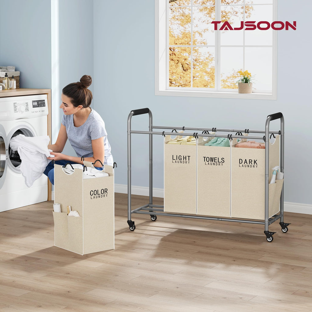 4 Bag Laundry Sorter Cart, Laundry Sorter 4 Sections, Beige