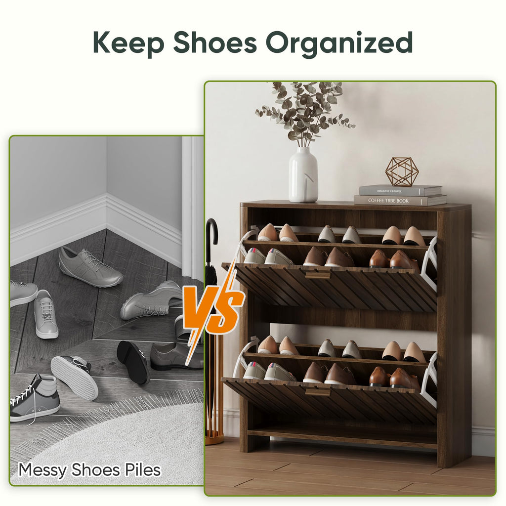 Shoe Cabinet with 2 Flip Drawers, 31.5 Inch Narrow Fluted Shoe Organizer with Gradient Wood Strips Door Hallway