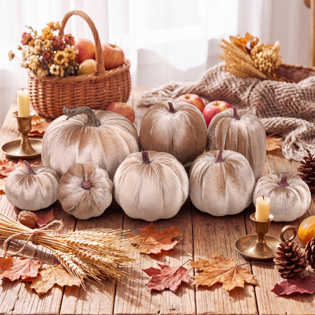 8 Pcs Fake Champagne Velvet Pumpkins Artificial Pumpkin Decor