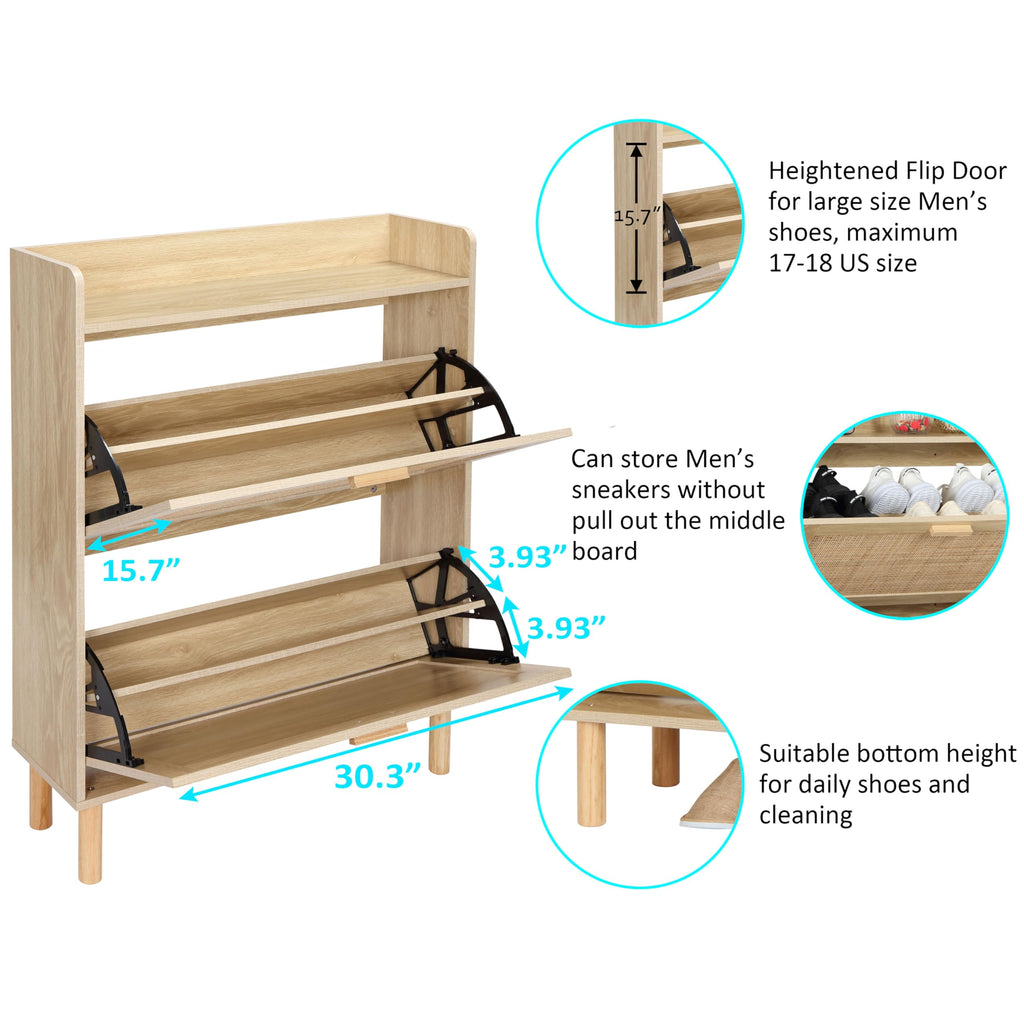 Extended Edition Shoe Cabinet with Natural Rattan Flip Drawers, Free Standing 2 Tier Slim Shoe Organizer with Large