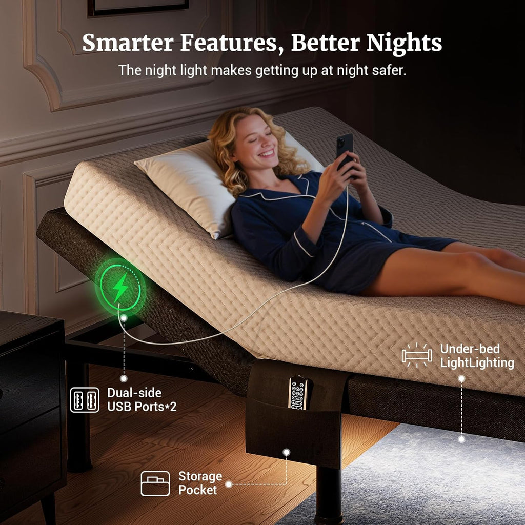 T600 Adjustable Bed Frame Split King Size with Remote & Massage - Syncable Electric Beds Bases, Zero Gravity, Dual