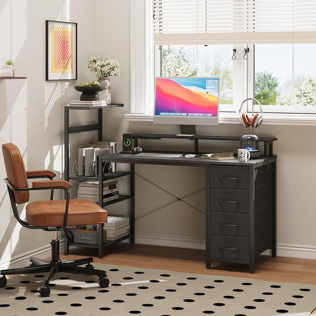 51in Gaming Computer Desk with Drawers & Power Outlet & LED Lights, Black | Gaming Table, Escritorio Gamer