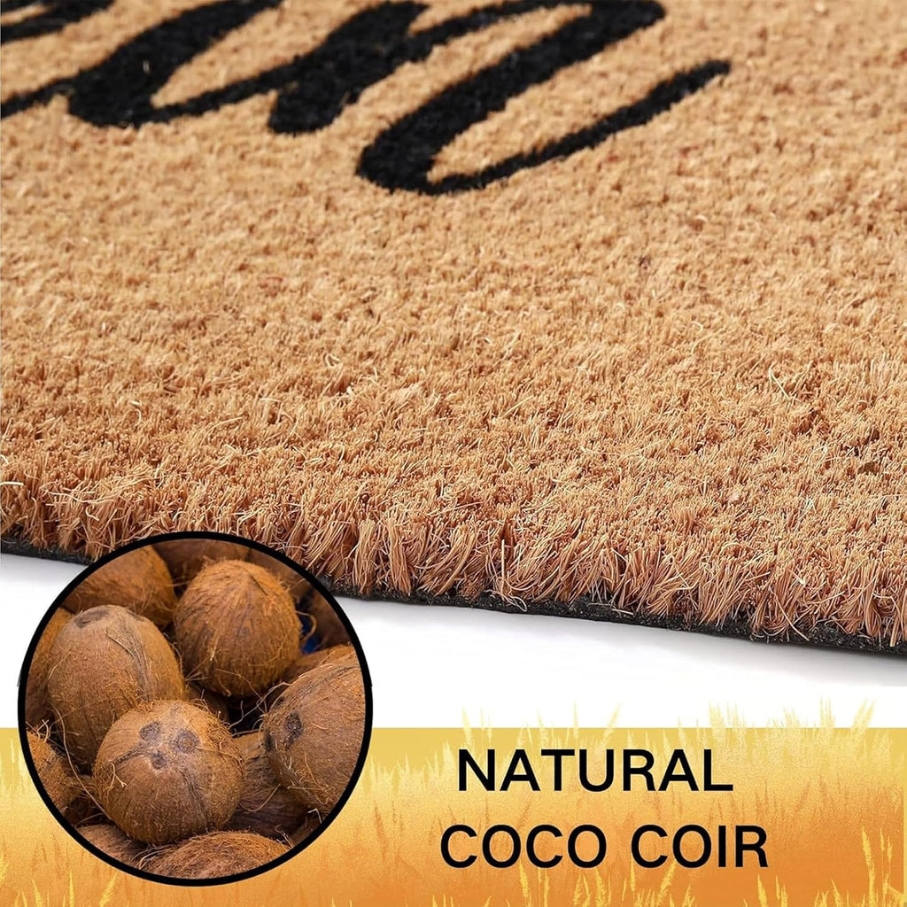 Fall Door Mat Combo Set, Welcome Coco Coir Welcome Doormat + 28" x 43" Mocha and White Plaid Rug, Autumn Thanksgiving