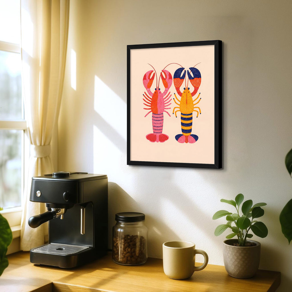 Funny Lobster Wall Art, Framed Coastal Canvas Print, Nautical Seafood Kitchen Decor Pictures Bathroom Beach House