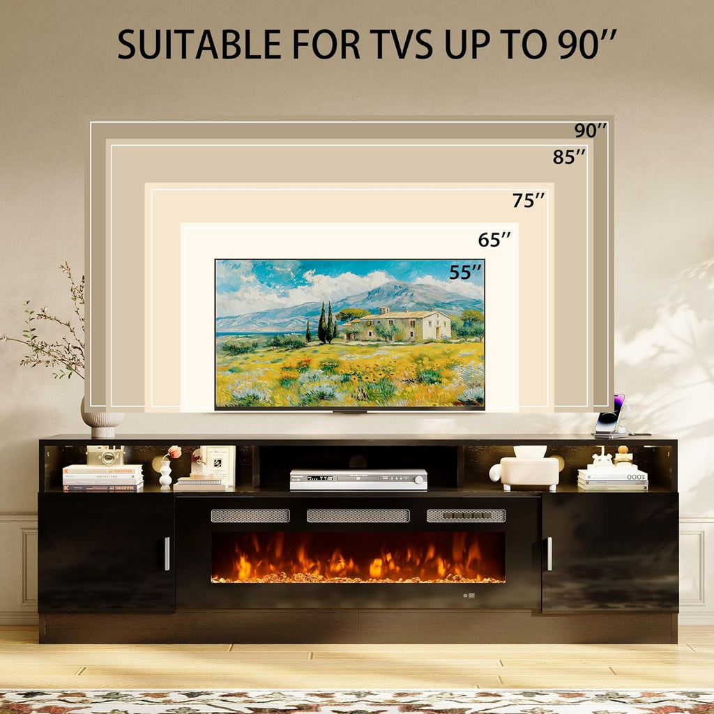 80" Fireplace TV Stand with Power Outlet for TVs UP to 90", Electric Fireplace Entertainment Center with LED Lights &