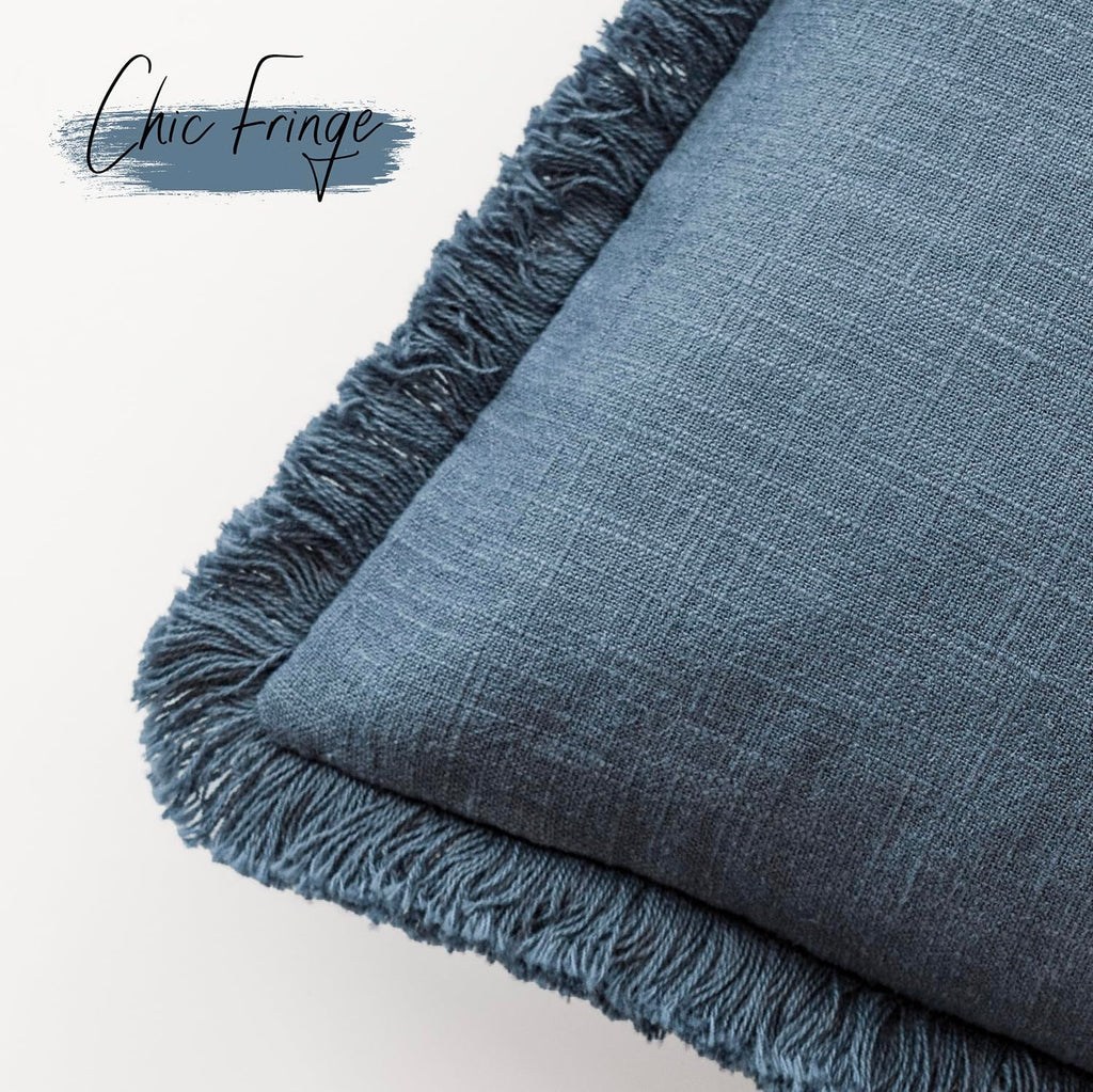 Decorative Linen Fringe Throw Pillow Covers 22×22 Inch, Dark Blue