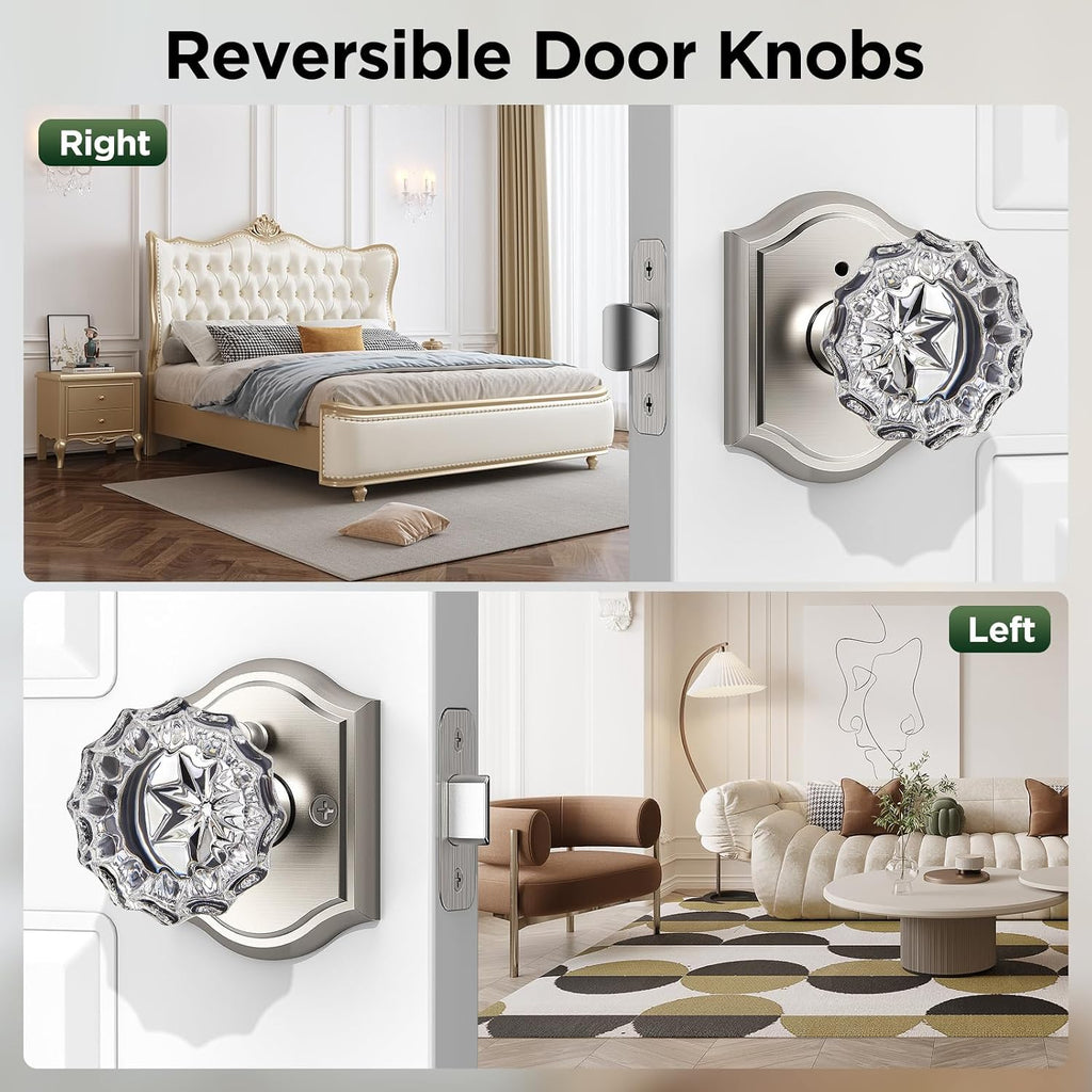 1 Pack Glass Door Knob, Rosette Shaped Crystal Door Knobs with Lock, Satin Nickel Door Knobs Interior Glass