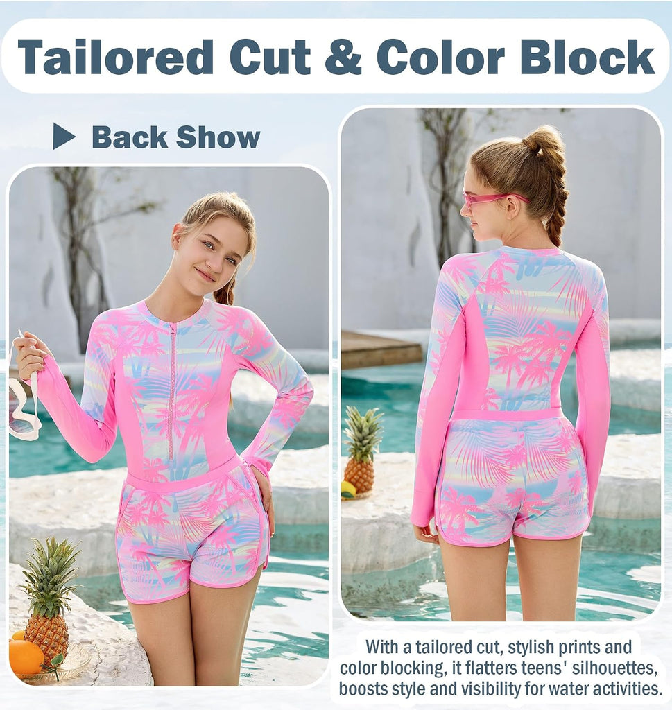 Girls Rash Guard Swimsuit 2 Piece Long Sleeve One Piece Bathing Suits with Swim Shorts Kids UPF 50+ Swimwear Sets