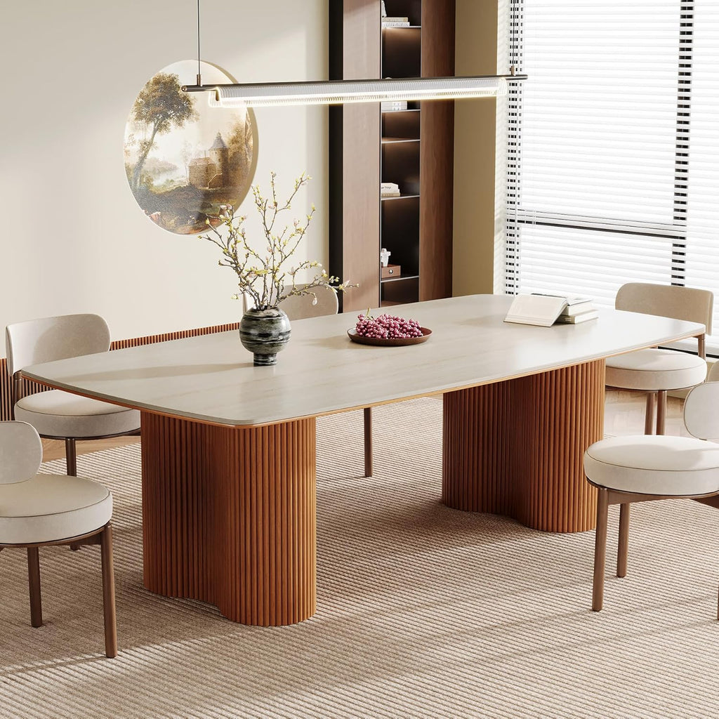 78.7" Sintered Stone Dining Table for 8-10，Luxury Rectangular Kitchen Table with Solid Wood Legs, Mid-Century Dining