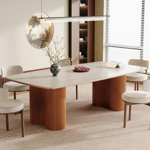 78.7" Sintered Stone Dining Table for 8-10，Luxury Rectangular Kitchen Table with Solid Wood Legs, Mid-Century Dining