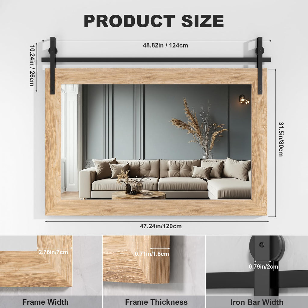 Farmhouse Bathroom Mirror, 48"x32" Rustic Wood Framed Wall Mounted Mirror, Brown Vintage Vanity Mirror Barn Door